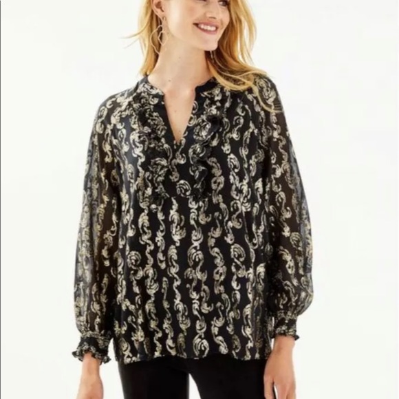 Lilly Pulitzer NWT Angelika Top Onyx Salty Wave Metallic Clip Size XXS - Picture 1 of 9